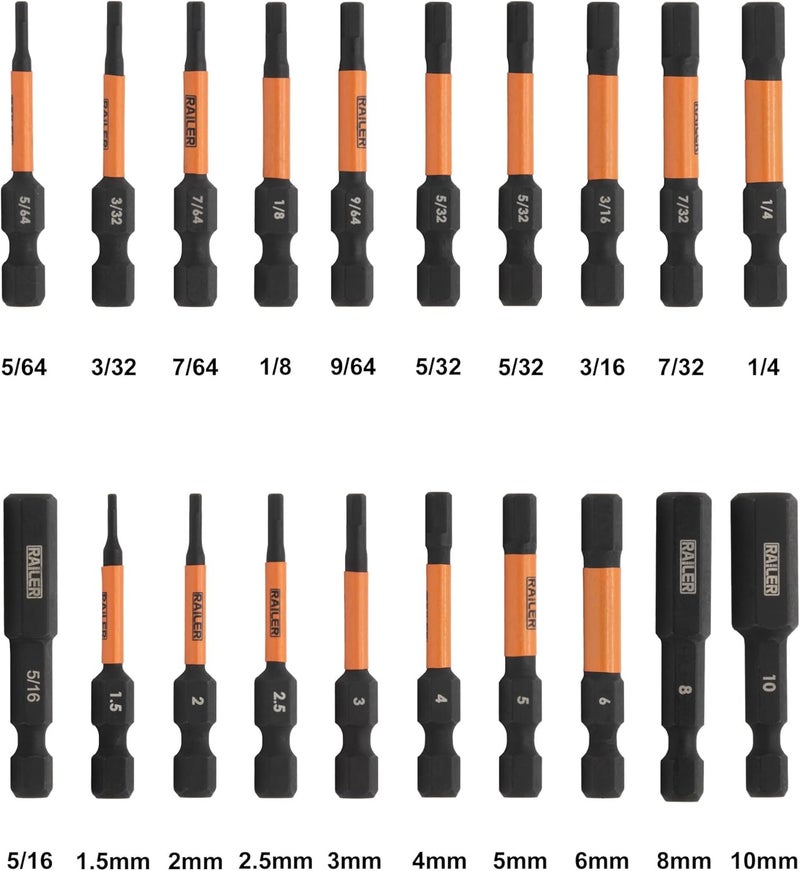 Railer Allen Wrench Hex Bit Set 2 Inch Impact Driver 20pc Hex Bit Set With A Bit Holder & Carabiner. Premium S2 Steel, Ideal For Furniture Screws - Image 2